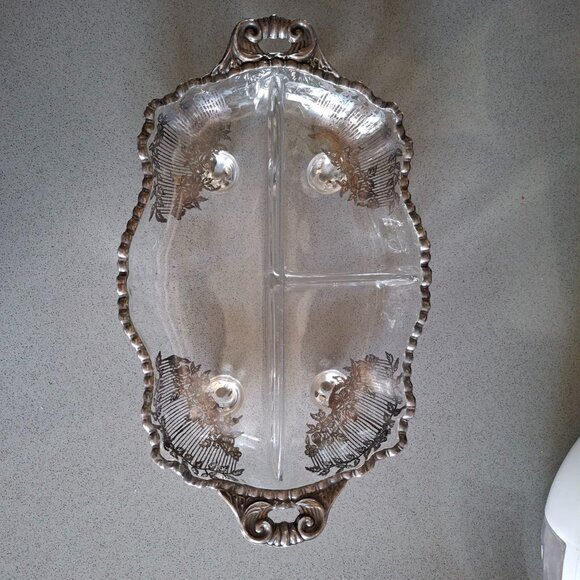 Vintage Silver Overlay Divided Glass Serving Dish with Ornate Handles - Picture 1 of 5